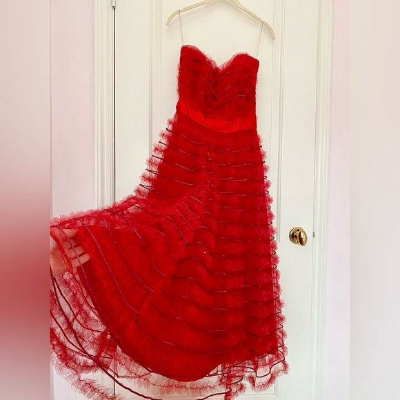Authentic Vintage 1950s Strapless Sweetheart Cherry Red Tulle Cupcake Prom Dress - Picture 1 of 16